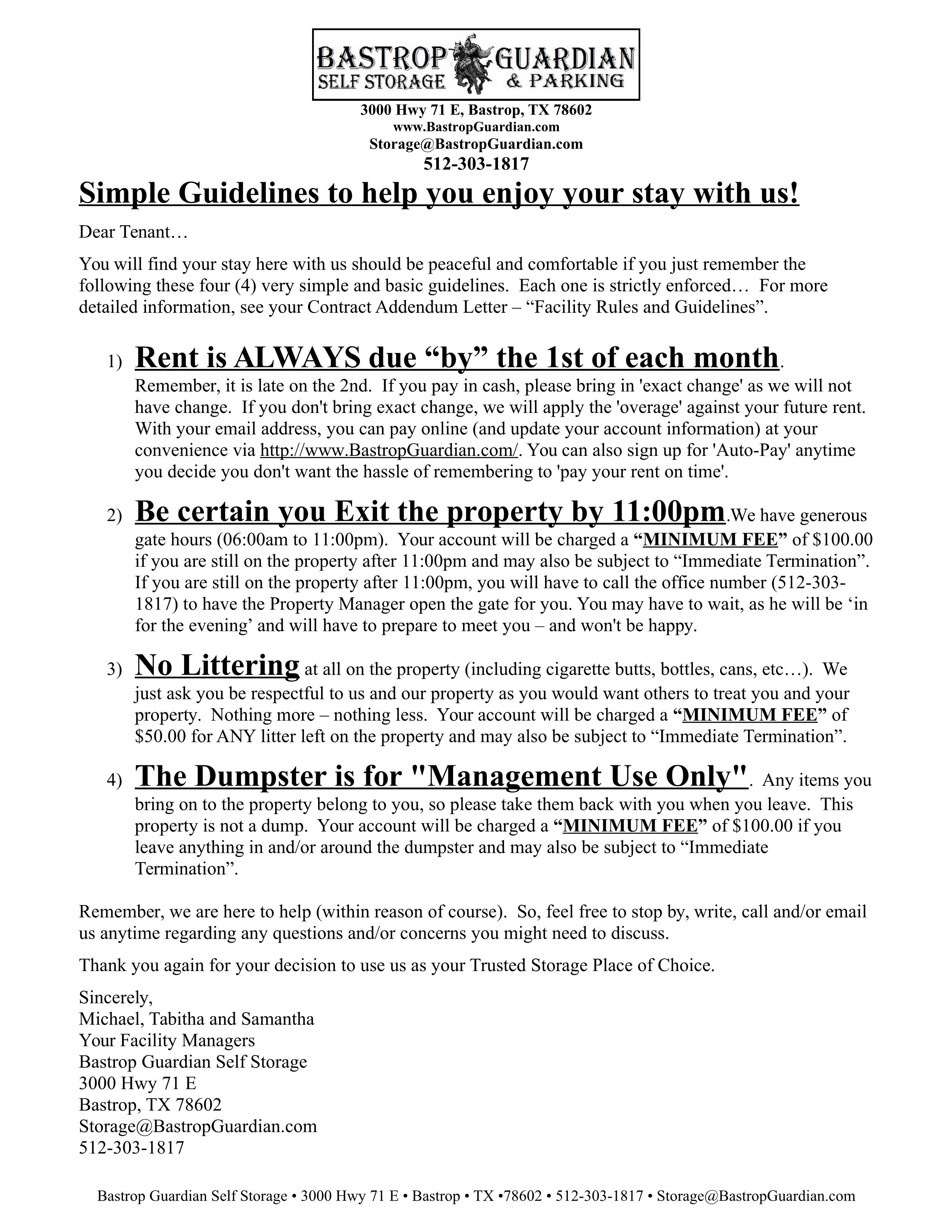 Download and Print Our Bastrop Guardian Storage Facility Four Simple Rules